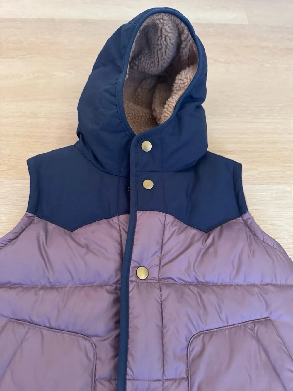 Patagonia Kids Hooded Puffer Vest in Navy & Mauve